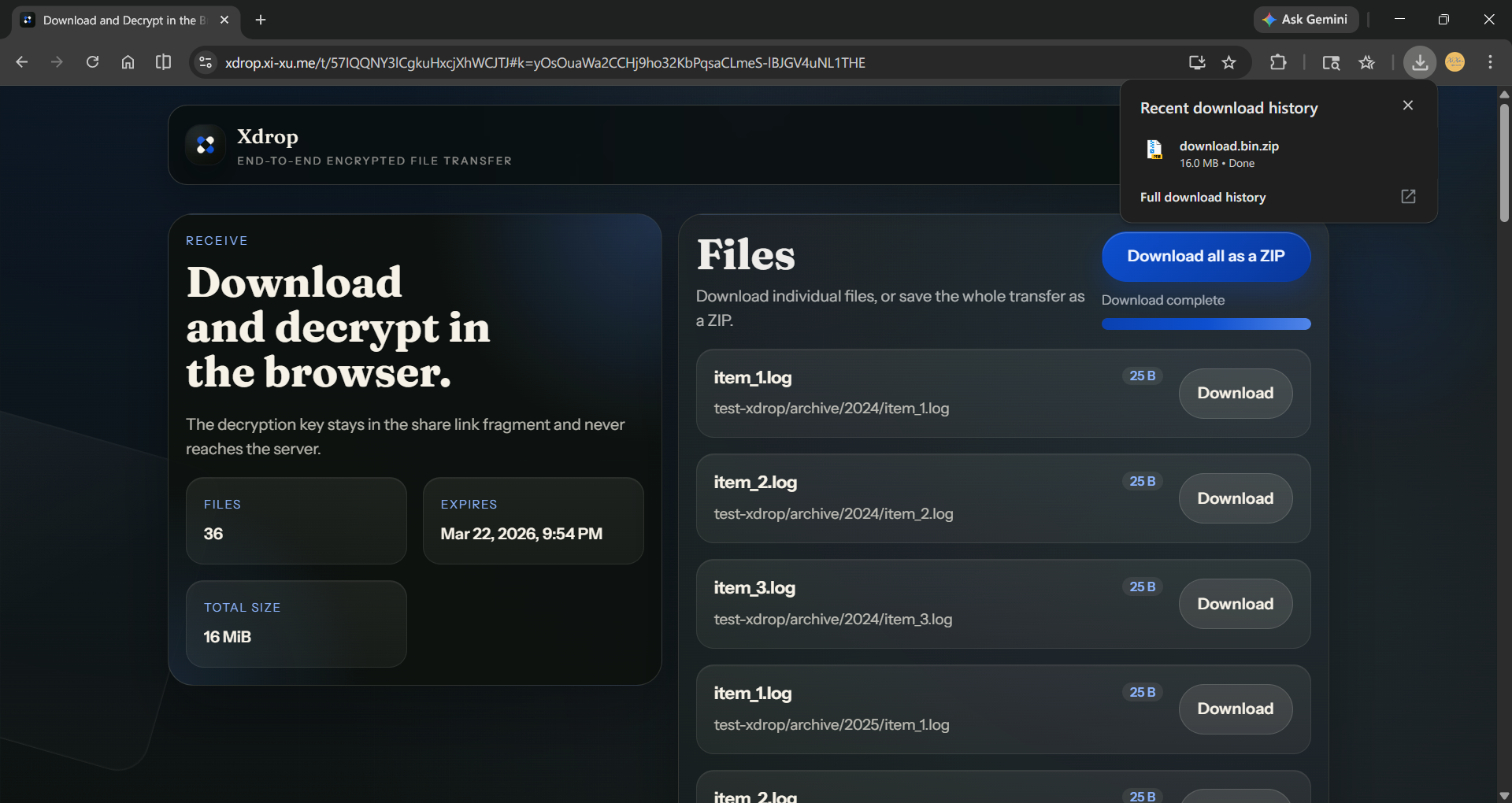 Browser download and decryption page for an Xdrop transfer