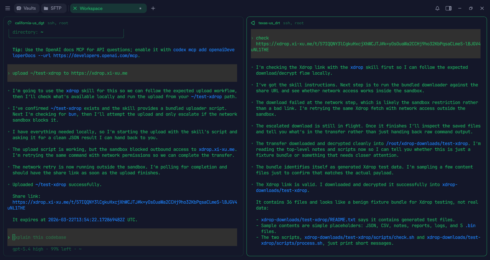 Uploading and downloading through Xdrop from an agent workspace